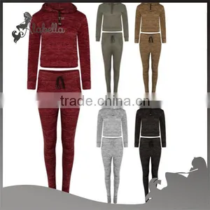 New Womens Cropped Hooded Sweater Top Tracksuit Joggers Pants Lounge Wear Set thumbnail-1