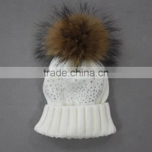 Myfur Elegant White Knitted Beanie Hat With Natural Raccoon Fur Pom Poms thumbnail-1