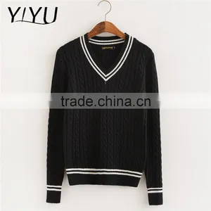 OEM Service Women White Stripes V-neck School Uniform Cable Knit Sweater thumbnail-3