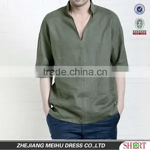 Man's Latest V-neck Linen Army Green Casual Shirt thumbnail-1
