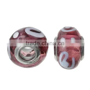Lampwork Glass European Style Large Hole Beads Round Mauve Transparent White Spiral With 304 Stainless Steel Silver Tone Core thumbnail-2
