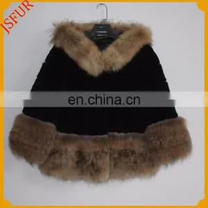 Fashion Design Women Natural Raccoon Fur Trim Rabbit Fur Coat With Real Rabbit Fur thumbnail-1