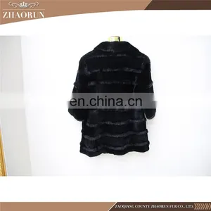 Factory Price Black Rex Rabbit Fur Coat / Rex Rabbit Fur Jacket Clothing With Mink Fur Piping thumbnail-2