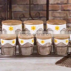 Brown Embossed 7 PCs Ceramic Food Jars Set With Bamboo Lid and Iron Stand thumbnail-1