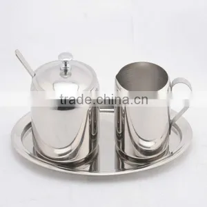 Good Quality Food Safety Cheap 4 Pcs Sugar and Creamer Set Stainless Steel Sugar and Milk Pot 150ml With Round Dish thumbnail-1