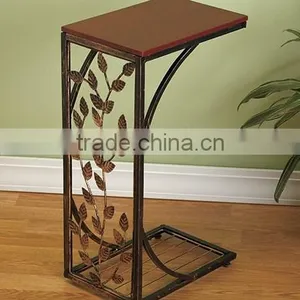 Metal and Wood Cherry Finish Decorative Vine Leaf Scroll Design Side Sofa End Table thumbnail-1