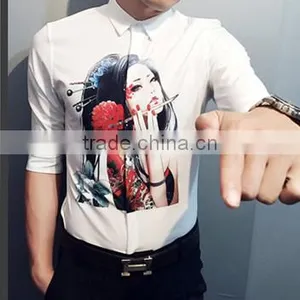 Big Yards in the Sleeve Shirt Tide Male Han Edition Cultivate One's Morality Leisure Shirt Sleeve Shirt Printing Five Points thumbnail-2