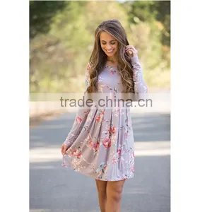 B40989A Fashion Print Flowers Dress Women Long Sleeve Crewneck Dress thumbnail-5