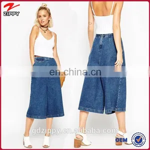 2015 New Fashion Denim Culottes Pants in Mid Blue Wash for Women thumbnail-1