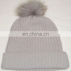 Knitted Cashmere Caps With Fur Pom Pom thumbnail-1