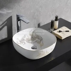 Good Quality Ceramic Square Deep Golden Color Wash Hand no Hole Basin From Chaozhou China thumbnail-1
