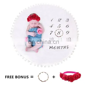 Brand New Baby Monthly Milestone Blanket With Felt Headband Wreath Pom Pom Ball Thick Flannel Fleece Round Rug Balnket thumbnail-1