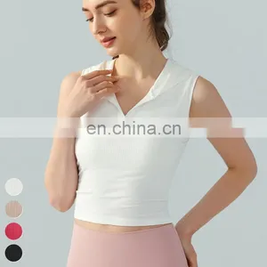 Wholesale Fitness Running Tank Top Hooded V Neck Slimming Fixed Pad Vest Sport Sleeveless Short T Shirt Ribbed Yoga Tops Women thumbnail-4