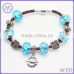 Fashion Handmade European Murano Glass Bead Thin Leather Bracelet thumbnail-1