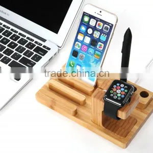 Keno Bamboo Dual Charging Stand Cradle With Pen Holder for Apple Watch, for IPhone for IPad thumbnail-2