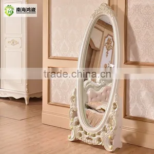 Decorative White Silver Oval Wooden French European Classic Baroque Style Bedroom Large Wooden Vintage Mirror thumbnail-1