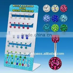 Display With 25 Pcs of Surgical Steel Belly Banana, 14g (1.6mm) With 5mm & 8mm Multi-crystal Ferido Glued Balls With Resin Cover thumbnail-1