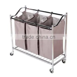 Silver Grey Coated 3-Section Heavy-Duty Steel Rolling Laundry Sorter/Cart thumbnail-1