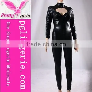 Woman Black Sexy Faux Leather Lingerie Clubwear Jumpsuit Catsuit Halloween Costume Set thumbnail-3