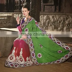 GREEN AND MAGENTA NET SILK SAREE thumbnail-1