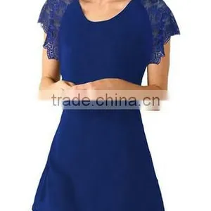 Women's Casual Backless Chiffon Lace O Neck Short Sleeve Summer Dress thumbnail-3