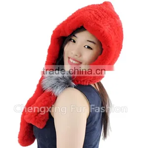 CX-C-242F Ladies Hand Knit Rex Rabbit Fur Hooded Scarf Winter Hats Women thumbnail-1