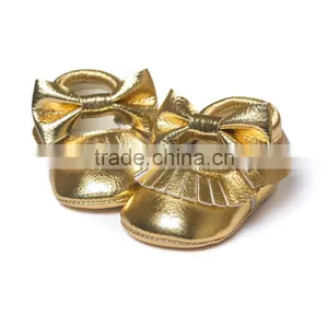 Golden Baby PU Moccasins, Bow Design Little Girl Moccasins thumbnail-4