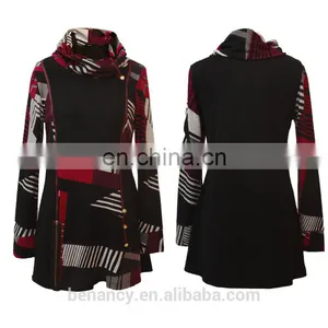 Latest Fashion Blouse Design High Neck Geometric Printed Patchwork Tunic Top thumbnail-1