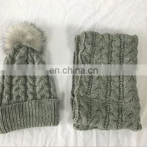 Newest Women's Fashion Winter Pur Colour Acrylic Knitted Scarf Hat Set With Ball on Hat thumbnail-6