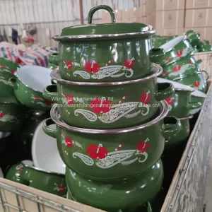 Green Decal Enamel Cookware Pot 5 Pcs Enamel Casserole Set Double Handle Stock Belly Pot With Lid thumbnail-4