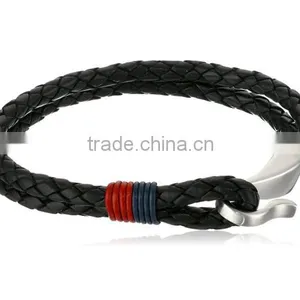 High Quality Men's Braided Black Leather With Stainless Steel Hook Clasp Bracelet thumbnail-1