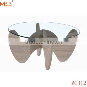 Wood Base Round Glass Top Table Coffee Modern thumbnail-2