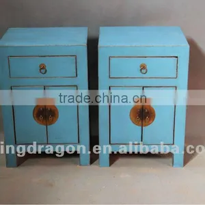 Chinese Antique Furniture Pine Wood White/blue Bedside Cabinet thumbnail-1