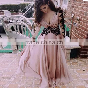Women's Party Pink V-Neck Patchwork Floor-Length Maxi Dress thumbnail-1