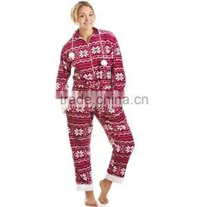Womens Red And White Floral Printed Fleece Hoody Nordic Supersoft Jumpsuit thumbnail-2