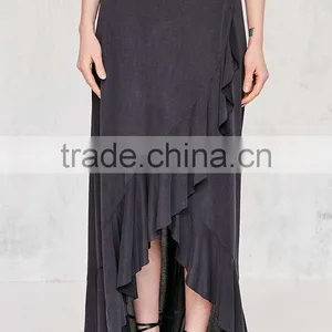 Women Fashion Plain Dyed Spandex Cotton Fashion Summer Ruffle Wrap Long Jersey Maxi Skirt thumbnail-2