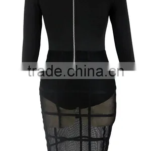 Women Long Sleeve Deep V Neck Sheer Mesh Bodycon Bodysuit Dress Club Party thumbnail-4