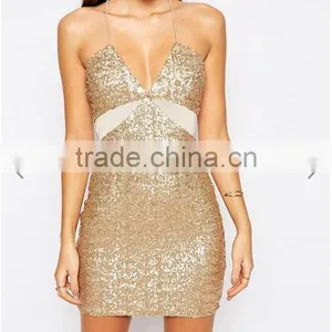 Guangzhou Clothing OEM Golden Sequin Mini Dress Sexy Women Dress China Photos thumbnail-3