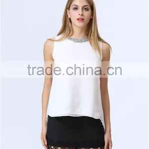 Women Fashion Casual Tops With Beaded Neckline and Pleazed Chiffon Back Details thumbnail-5