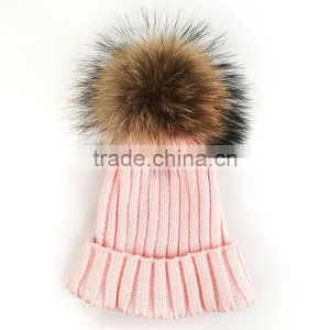 Myfur Wholesale Baby Pink Top Quality Raccoon Fur Pompoms Hat And Cap thumbnail-3