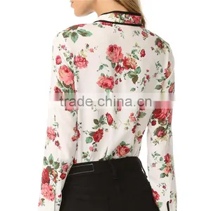 2017 Latest Long Sleeve Spring Fashion Ladies Floral Tie Neck Blouse thumbnail-4