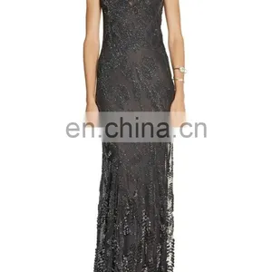 Ladies Long Night Dress Sexy Black Gown Sexy Open Back Dresses Embellished Tulle Evening Gown thumbnail-4