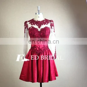 Sexy Lace Appliques Satin Wine Red Short Evening Dress Long Sleeve thumbnail-1
