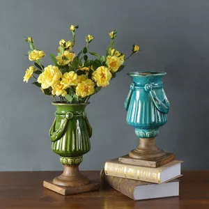 Retro European Countryside Hand Made Tall Blue Green Ceramic Flower Vase For Living Room thumbnail-4