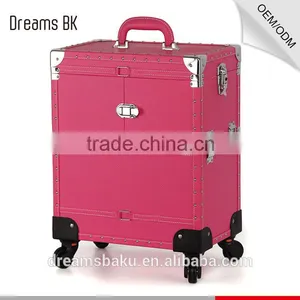 2016 Hot Selling Pink Color Functional Professional Trolley Case Makeup Box Cosmetic Display Case thumbnail-2