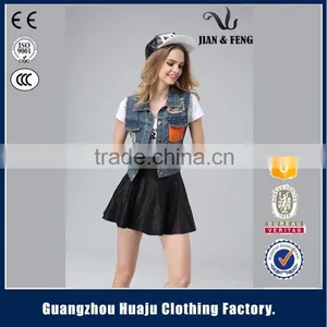 2016 Fashion Blue Short Washed Wholesale Jean Vest Ladies Denim Vest thumbnail-4