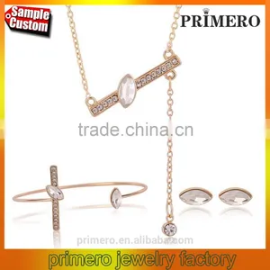 Wedding Women Gold Plated Lovely Charm Rectangle Earring Necklace Ring 3 Pcs Statement Jewelry Set thumbnail-1
