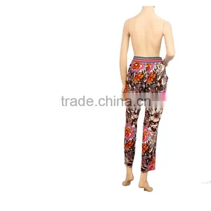 Women Rib Waisted Casual Pants 100% Rayon Print Trousers Tropical Floral Ninth Pants thumbnail-4
