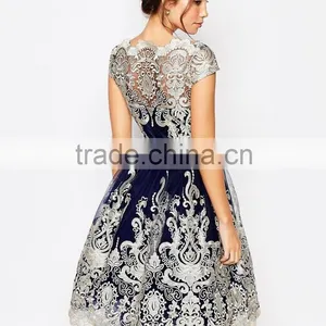 Chinese Clothing Manufacturers Metallic Lace Midi Prom Dress With Bardot Neck thumbnail-3