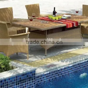 Outdoor Dining Set in Nature Flat Wicker Includes Six Chairs and Dining Table With Teak Wood Glass Table Top thumbnail-1